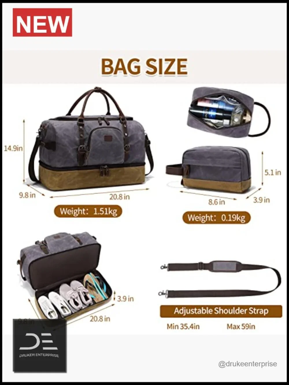 Canvas Leather Weekender Bag with Shoe Compartment Large Travel Duffel